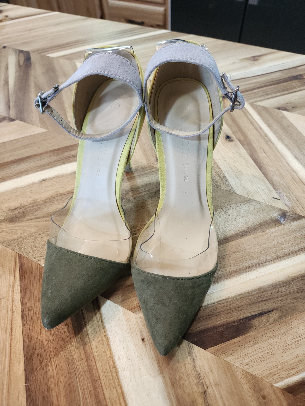 DIVA Lounge Olive Green Pointed Toe Ankle Strap Heels with Clear Vamp